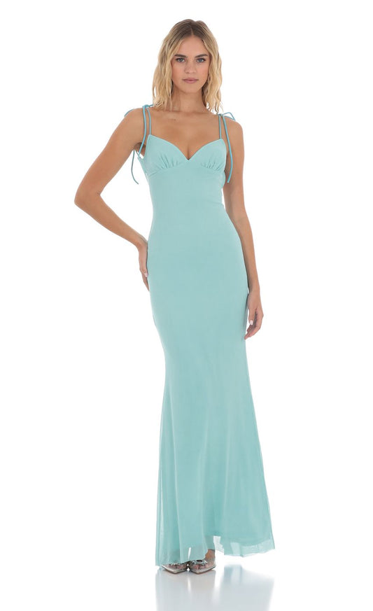 Lucy in the Sky Mesh Open Back Maxi Dress in Aqua