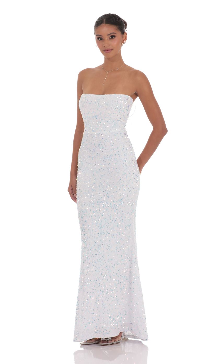 Lucy in the Sky Velvet Sequin Strapless Maxi Dress in White