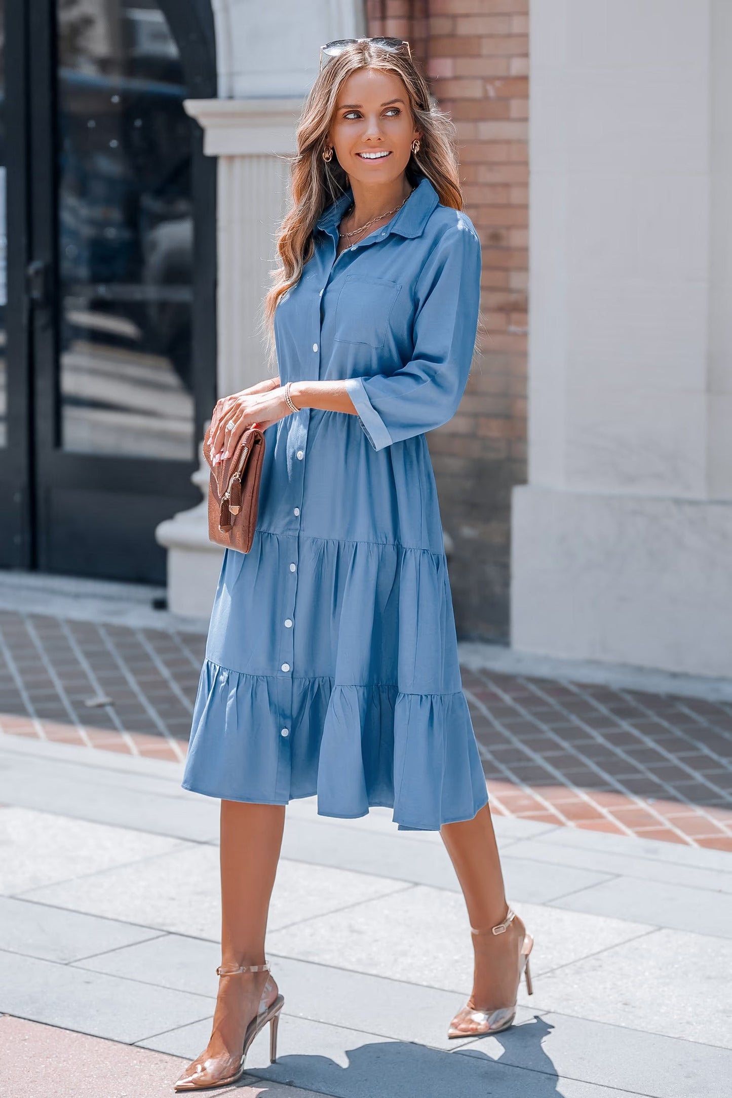 Cupshe Blue Collared Front Button Half Sleeve Midi Dress(X2)