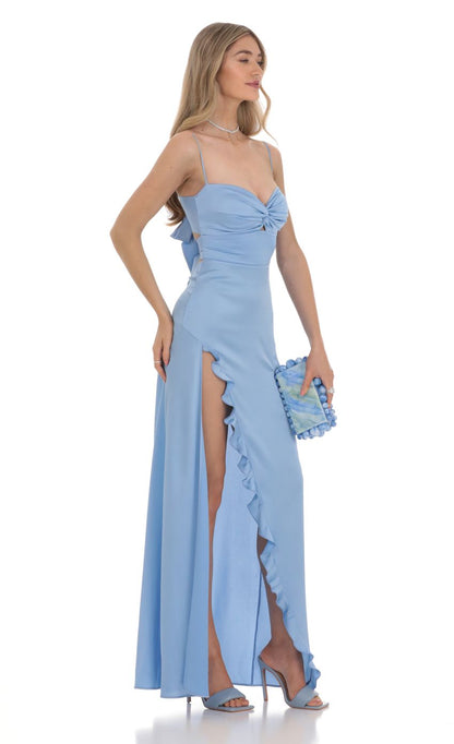 Lucy in the Sky Satin Front Twist Strappy Maxi Dress in Blue