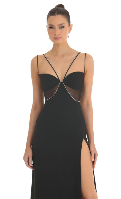 Lucy in the Sky Rhinestone Crepe Cutout Maxi Dress in Black