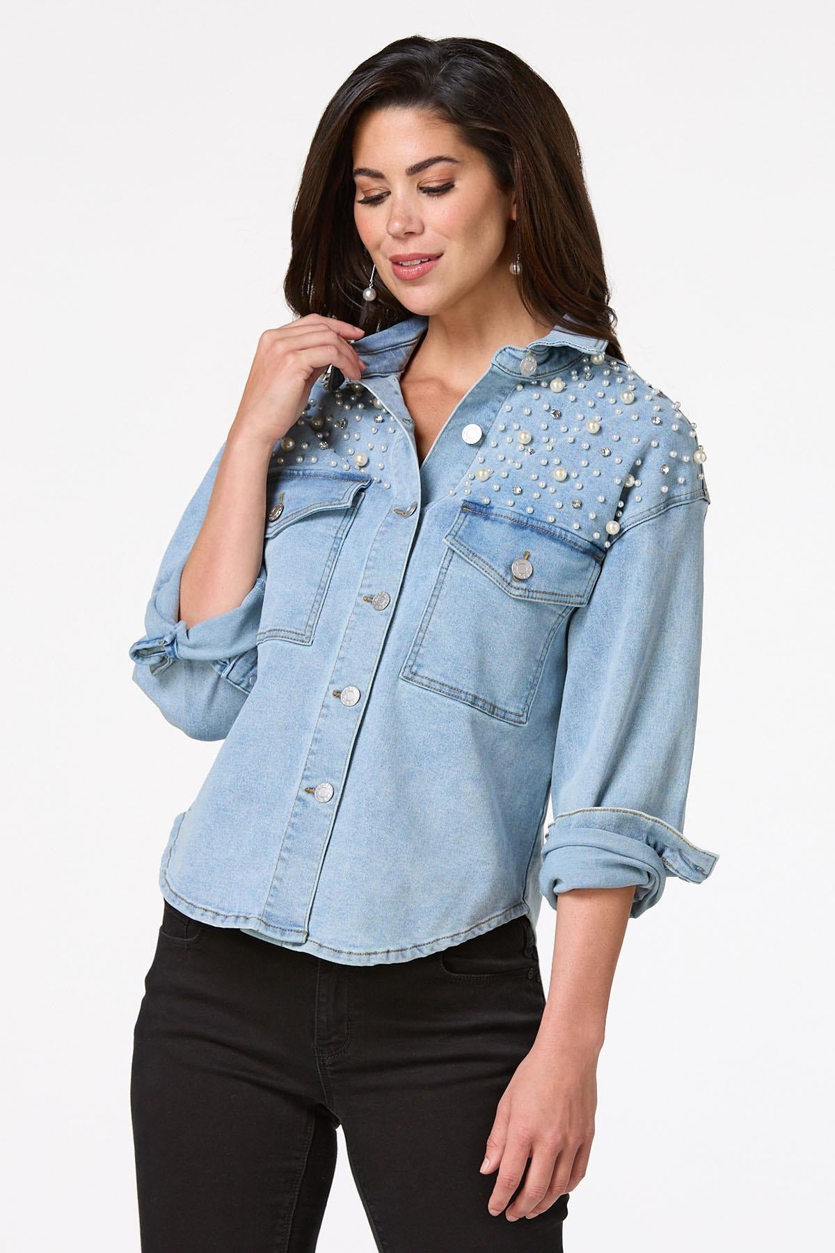 Cato Fashions Women's Pearl Denim Shacket