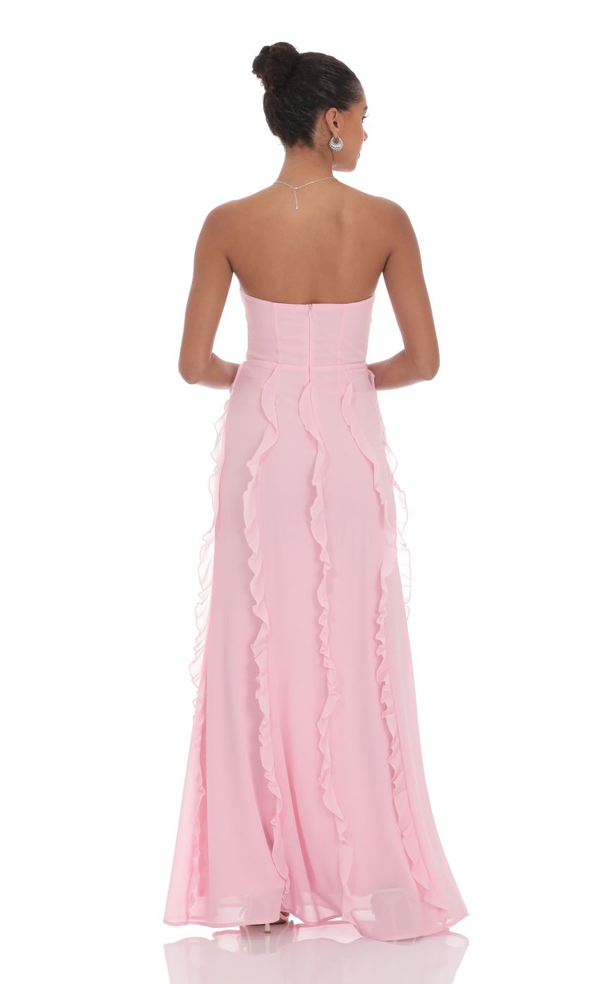Lucy In The Sky Chiffon Rossette Ruffle Maxi Dress in Pink