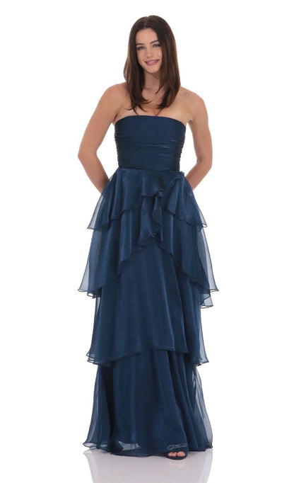 Lucy in the Sky Corset Petal Ruffle Strapless Maxi Dress in Navy