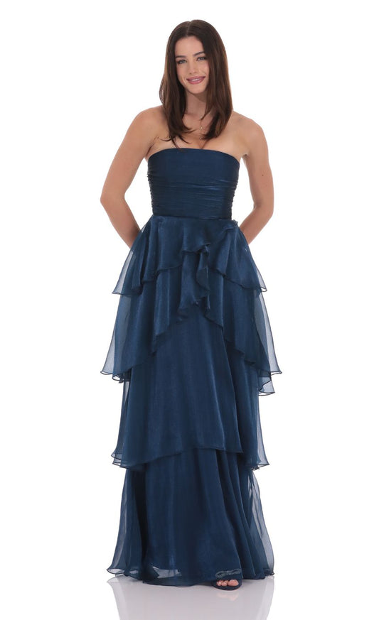 Lucy in the Sky Corset Petal Ruffle Strapless Maxi Dress in Navy