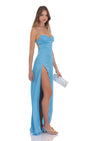 Lucy In The Sky Cowl Neck Satin Open Back Maxi Dress in Light Blue
