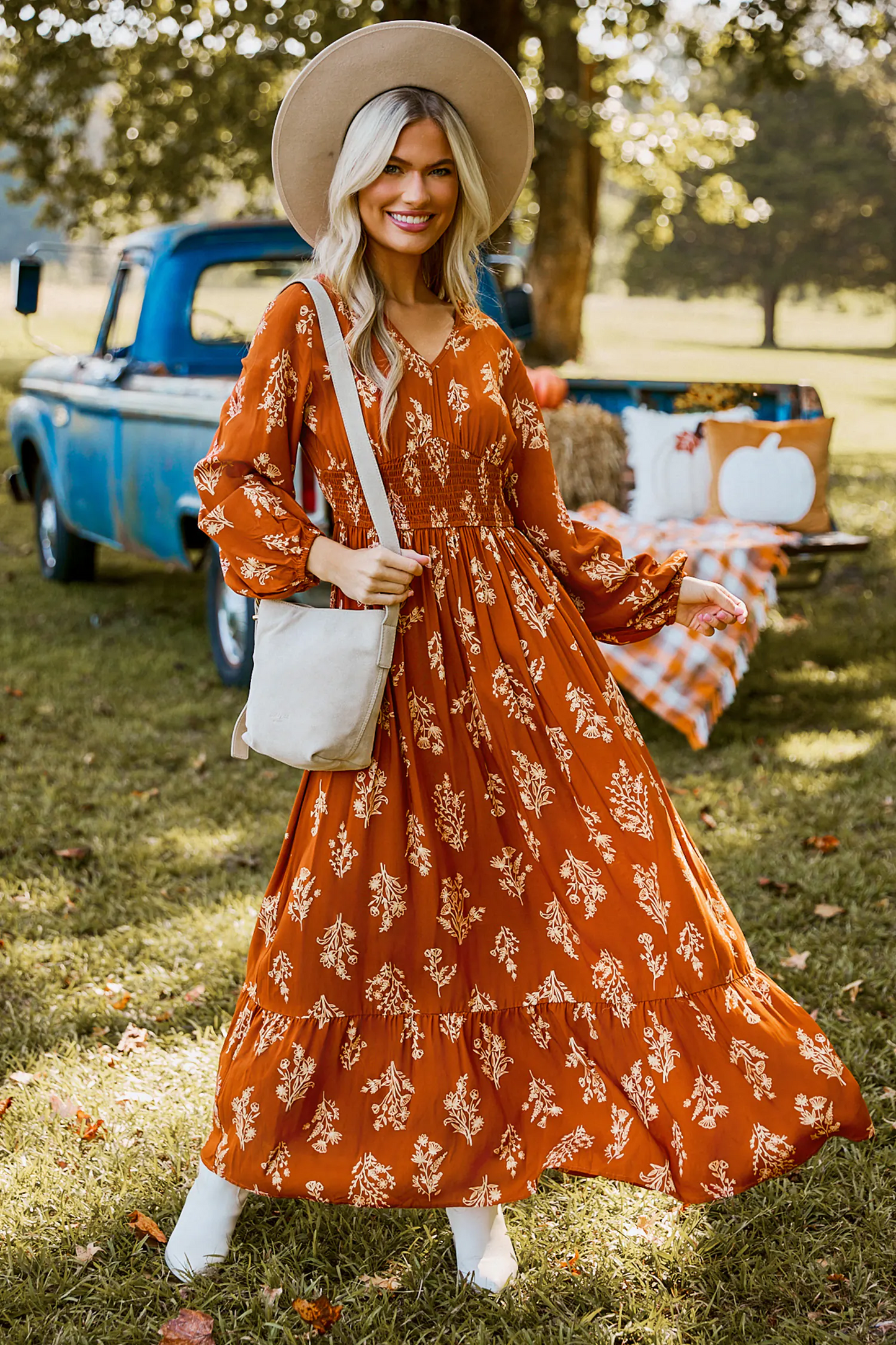 Cupshe Burnt Orange Floral Blouson Sleeve Smocked Waist Maxi Dress