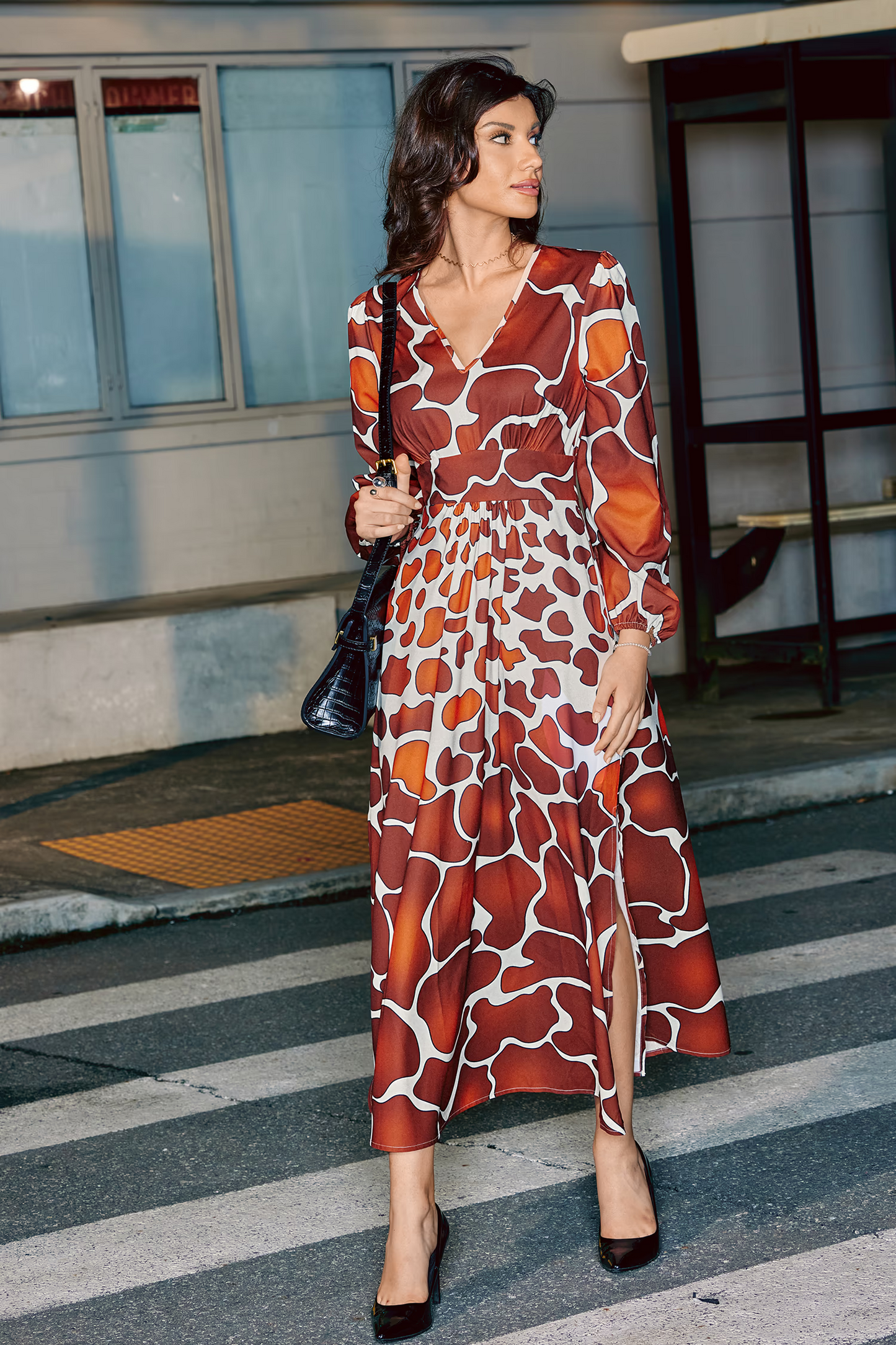 Cupshe Burnt Orange Geo V-Neck Puff Sleeve Midi Dress(x2)