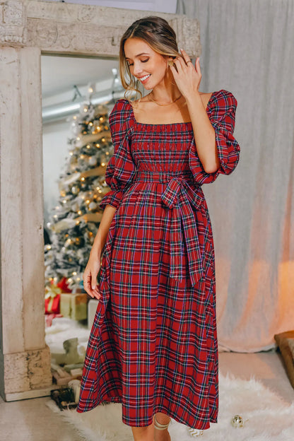 Cupshe Burgundy Belted Tartan Plaid Maxi Dress