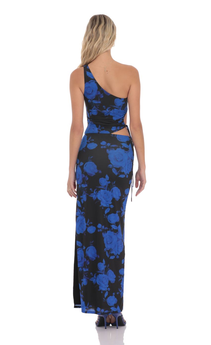 Lucy In The Sky Floral One Shoulder Cutout Maxi Dress in Black and Blue