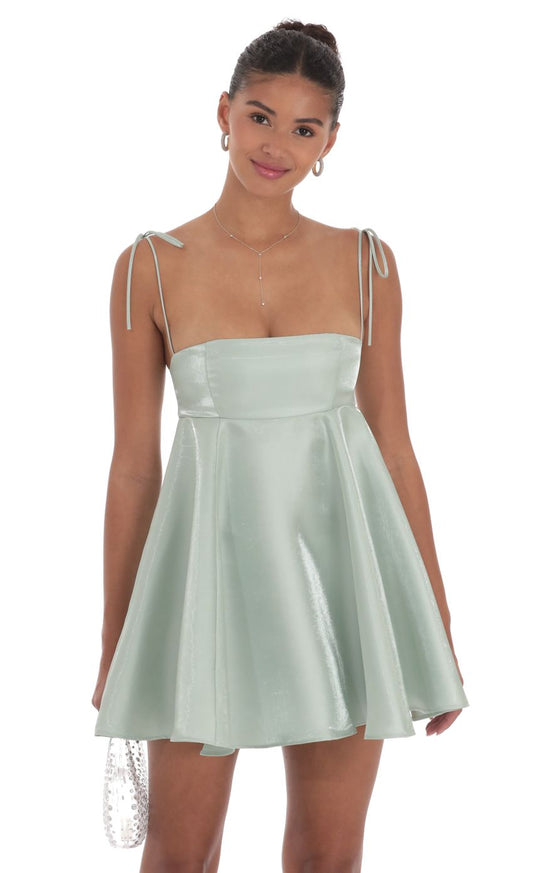 Lucy In The Sky Sheen Flare Babydoll Dress in Sage Green