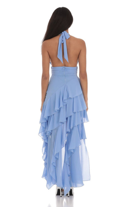 Lucy in the Sky Asymmetrical Ruffle Maxi Dress in Blue