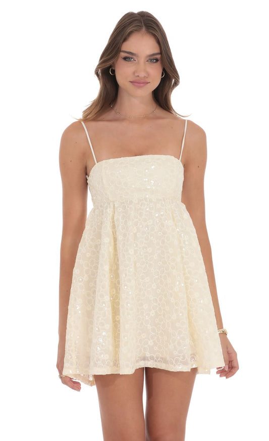 Lucy In The Sky Floral Sequin Babydoll Dress in Cream