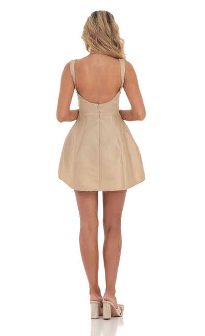 Lucy In The Sky High Neck Open Back Flare Dress in Almond