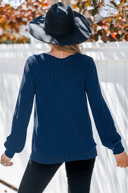 Cupshe Cobalt Blue Ribbed Knit V-Neck Long Sleeve Top (x2)