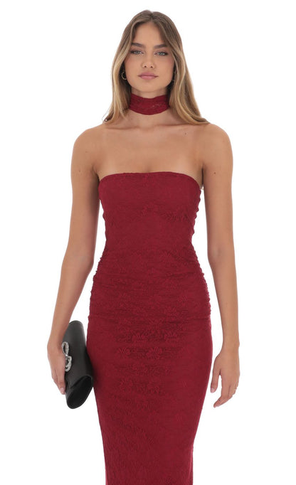 Lucy In The Sky Scarf Lace Maxi Dress in Maroon