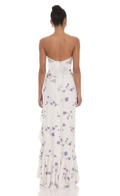 Lucy In The Sky Floral Strapless Back Bow Corset Maxi Dress in White