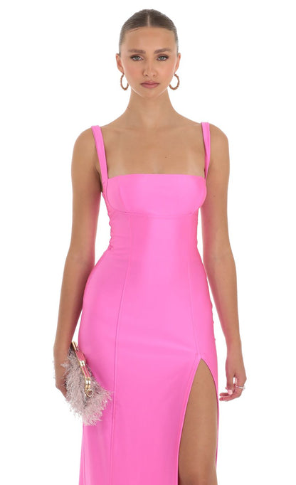 Lucy in the Sky Square Neck Maxi Dress in Hot Pink