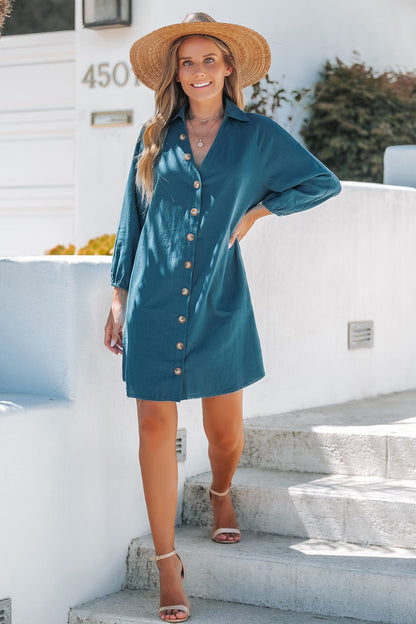 Cupshe Blue V-Neck Front Button Mini Dress