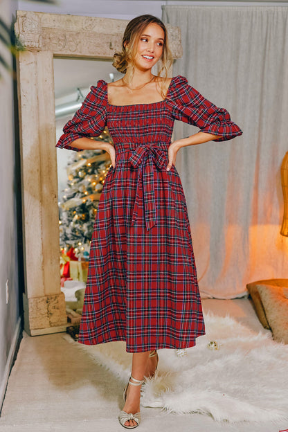 Cupshe Burgundy Belted Tartan Plaid Maxi Dress