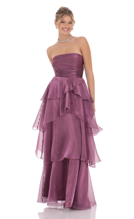 Lucy in the Sky Corset Petal Ruffle Strapless Maxi Dress in Purple