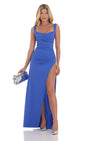 Lucy In The Sky Satin Open Back Bow Maxi Dress in Blue