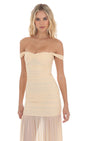 Lucy In The Sky Mesh Off Shoulder Ruched Maxi Dress in Beige