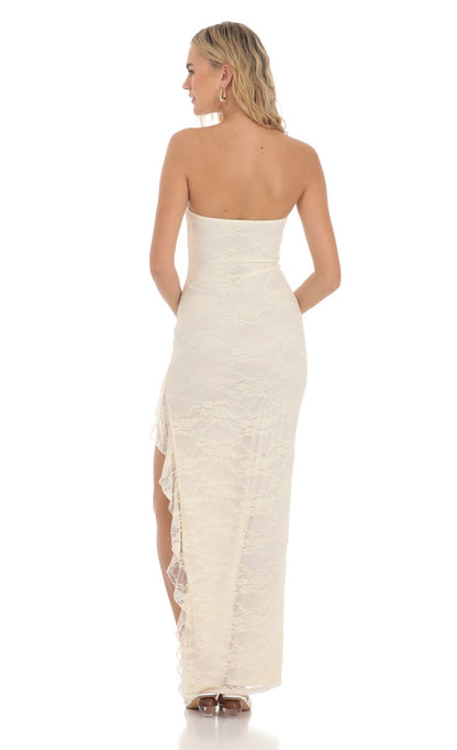 Lucy in the Sky Strapless Lace Ruffle Slit Dress in Cream
