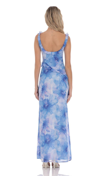 Lucy in the Sky Floral Ruffle Cowl Neck Maxi Dress in Blue