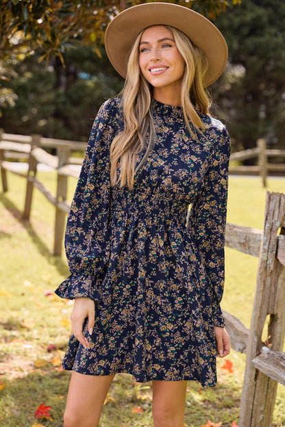 Cupshe Blue Floral Standing Collar Long Sleeve Ruffle Cuff Mini Dress