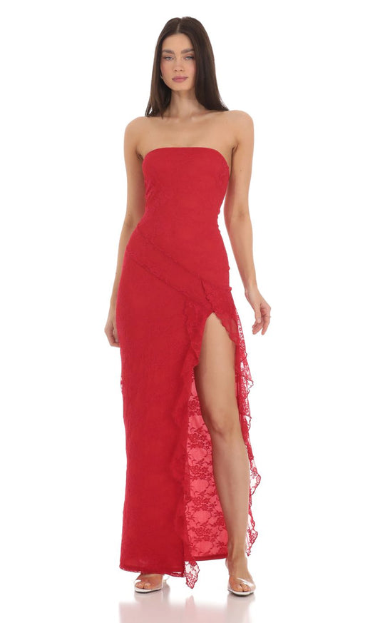 Lucy in the Sky Strapless Lace Ruffle Slit Dress in Red