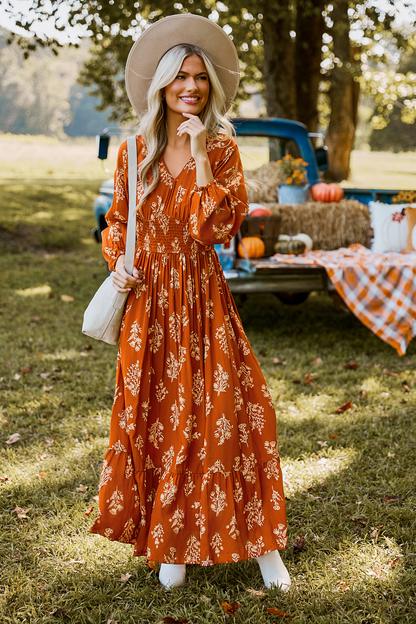 Cupshe Burnt Orange Floral Blouson Sleeve Smocked Waist Maxi Dress