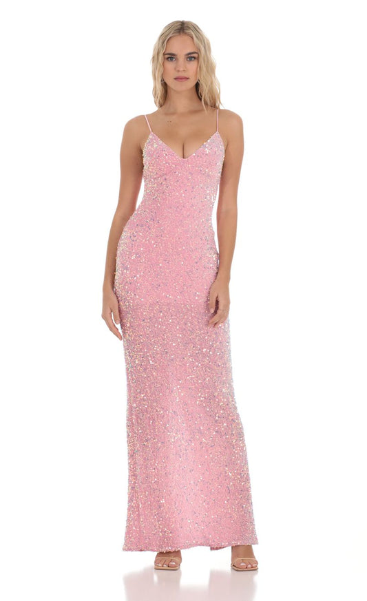Lucy in the Sky Velvet Sequin Back Bow Maxi Dress in Pink