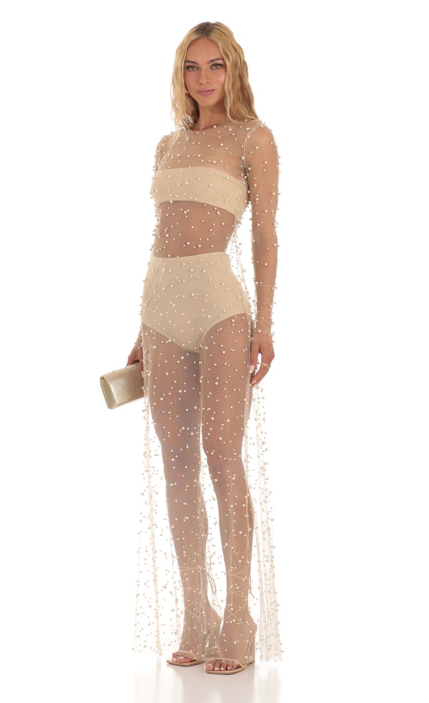 Lucy in the Sky Pearl Mesh Dress in Beige