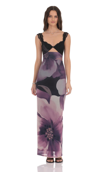 Lucy In The Sky Cutout Lace Floral Maxi Dress in Purple