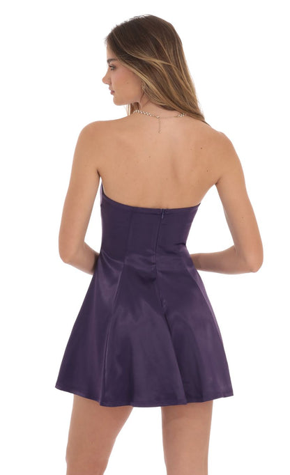 Lucy In The Sky Strapless Satin Fit and Flare Dress in Purple