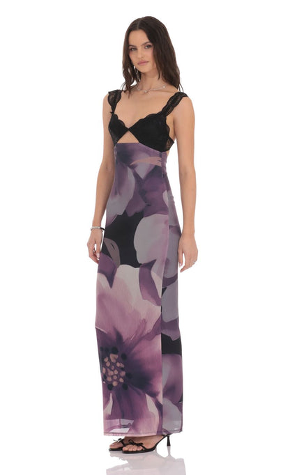 Lucy In The Sky Cutout Lace Floral Maxi Dress in Purple