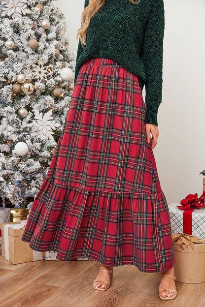 Cupshe Burgundy Plaid Ruffled Maxi Skirt (x2)