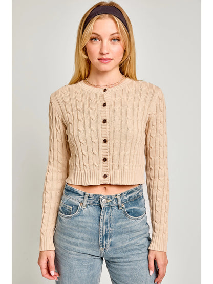 Ruby & Jenna Women's Round Neck Cropped Cable Sweater Cardigan