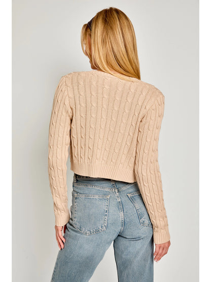 Ruby & Jenna Women's Round Neck Cropped Cable Sweater Cardigan