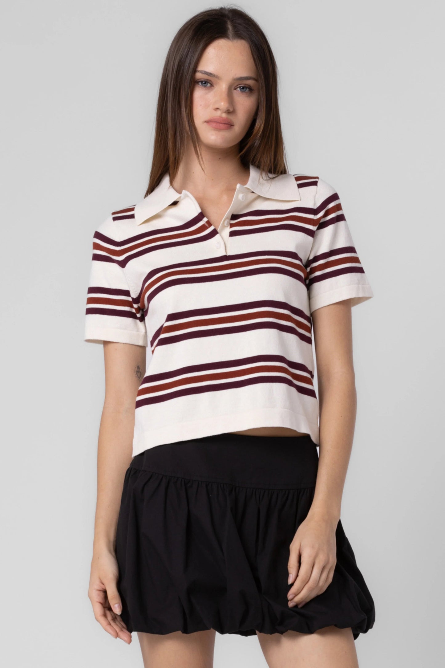 Ruby & Jenna Women's Knitted Cotton Stripe Polo Top