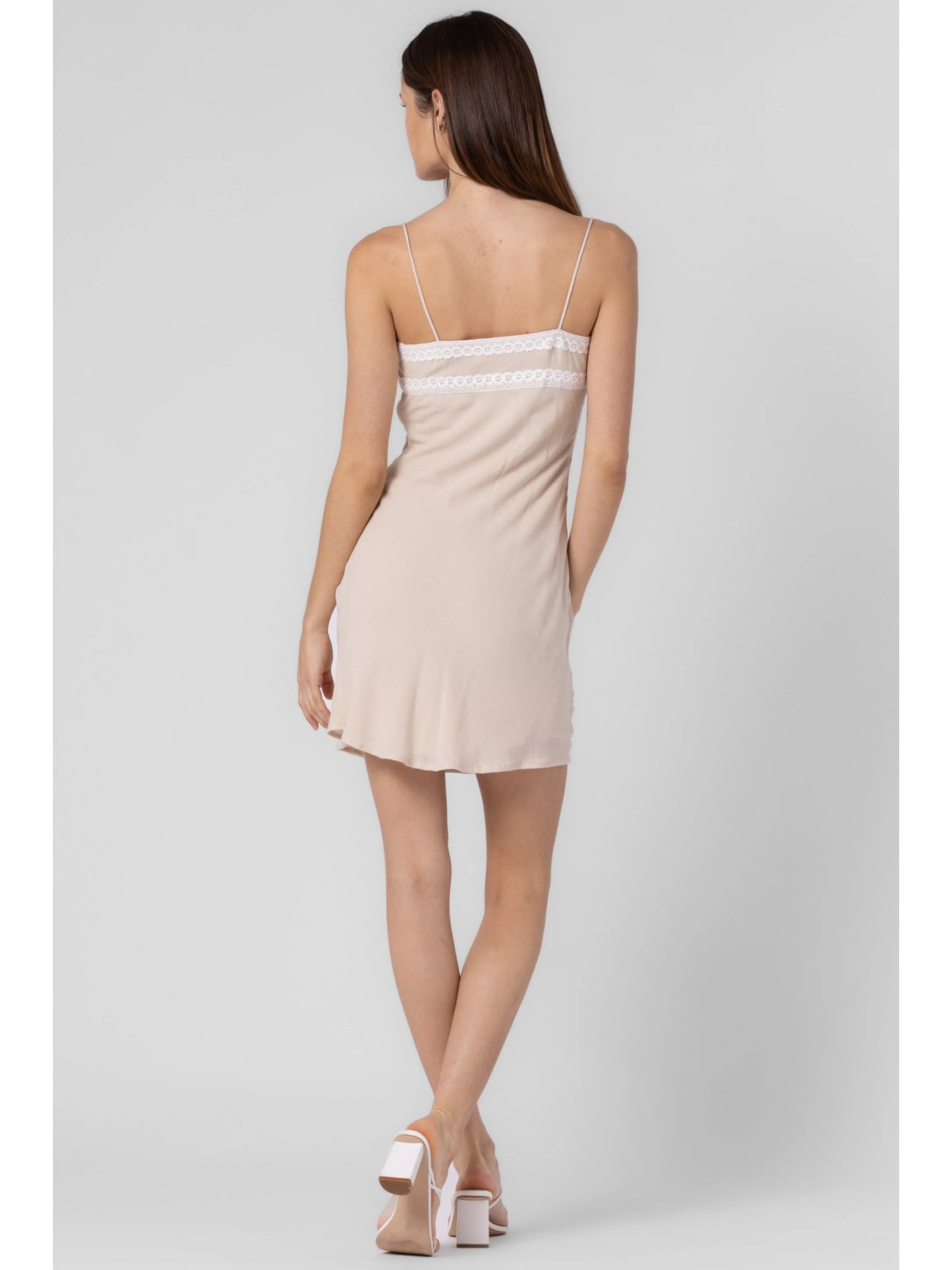 Ruby & Jenna Women's Beige Lace-Trim Mini Dress