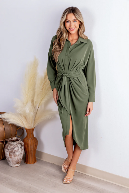 Cupshe Sage Collared Front Button Midi Shirt Dress