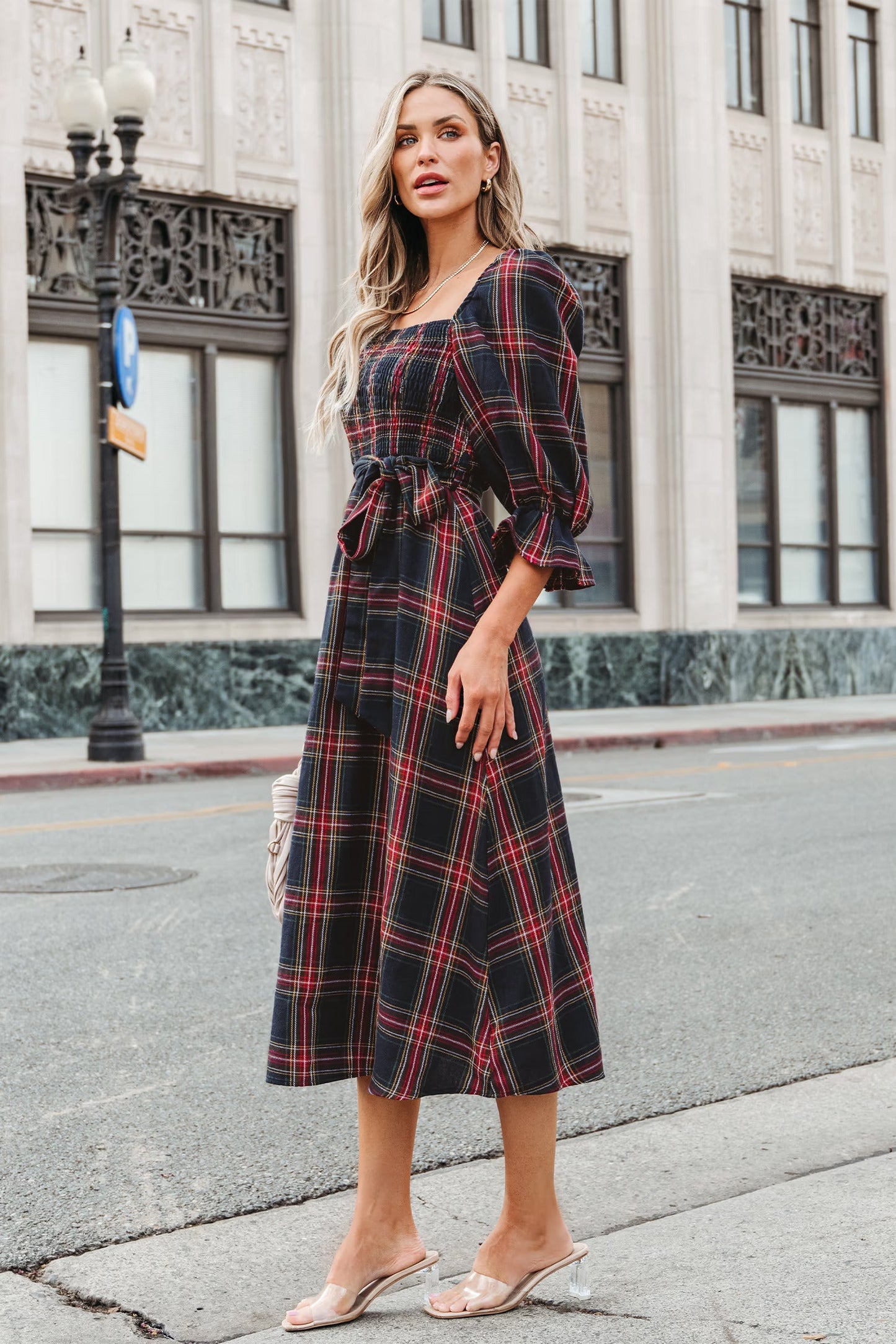 Cupshe X Gabby Windey Burgundy Belted Plaid Smocked Maxi Dress