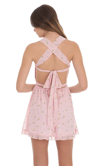 Lucy in the Sky Floral Strappy Back Bows Dress in Pink