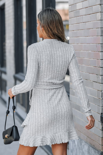 Cupshe Grey Ribbed Knit Long Sleeve Tiered Hem Mini Dress (x2)