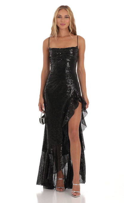 Lucy In The Sky Sequin Ruffle Dress in Black