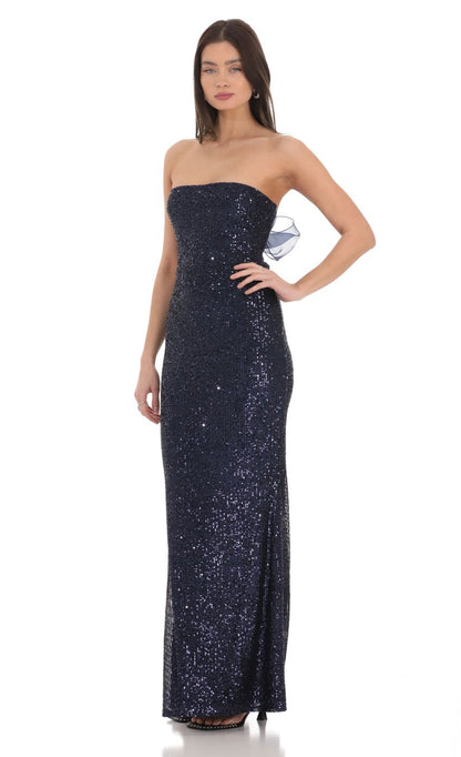 Lucy in the Sky Sequin Strapless Maxi Dress in Navy