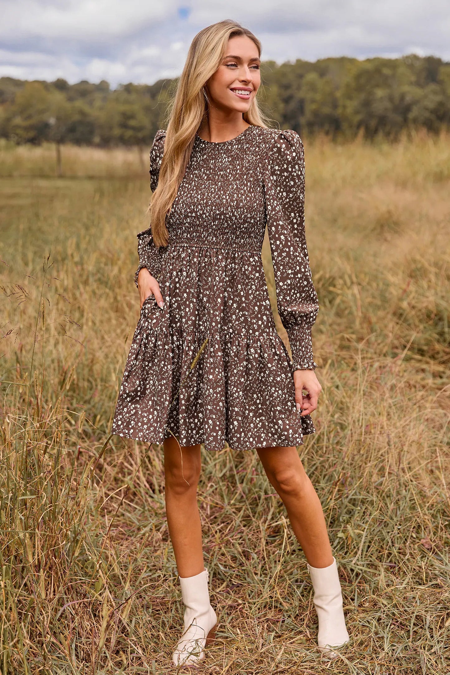 Cupshe Brown Ditsy Smocked Puff Sleeve Mini Dress