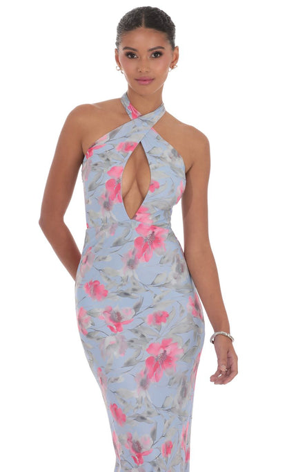 Lucy In The Sky Floral Cutout Halter Maxi Dress in Blue